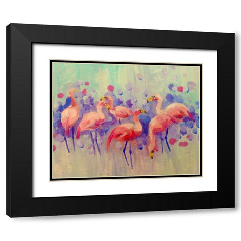 Flamingo Party Black Modern Wood Framed Art Print with Double Matting by Boho Hue Studio