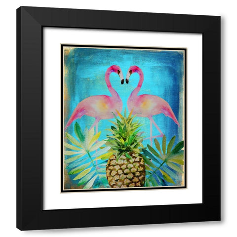 Pineapple Flamingos Black Modern Wood Framed Art Print with Double Matting by Boho Hue Studio