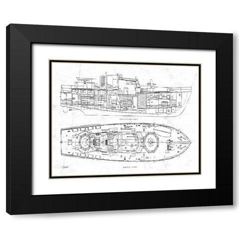 Boat Blueprint 1 wht Black Modern Wood Framed Art Print with Double Matting by Stevens, Carole