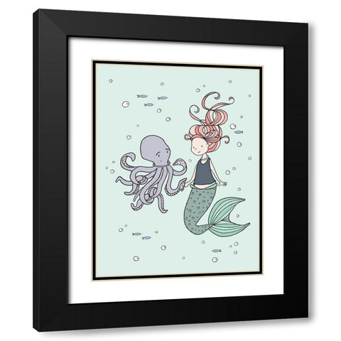 Mermaid And Octopus Buddies Black Modern Wood Framed Art Print with Double Matting by Sweet Melody Designs