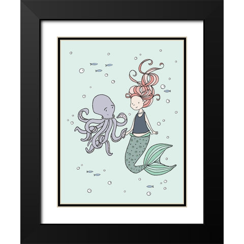 Mermaid And Octopus Buddies Black Modern Wood Framed Art Print with Double Matting by Sweet Melody Designs