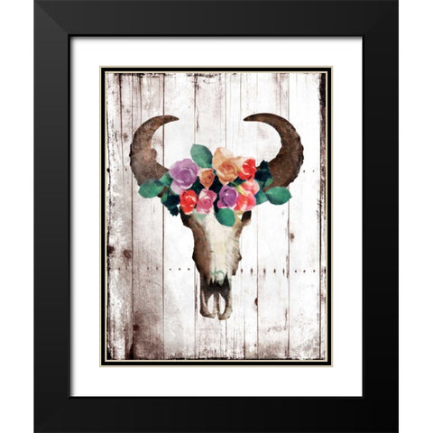 Bull Floral Crown Black Modern Wood Framed Art Print with Double Matting by Grey, Jace