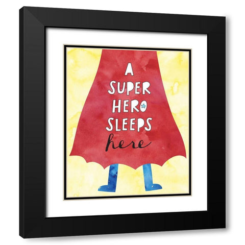 Super Hero Sleeps Here Black Modern Wood Framed Art Print with Double Matting by McCully, Jennifer