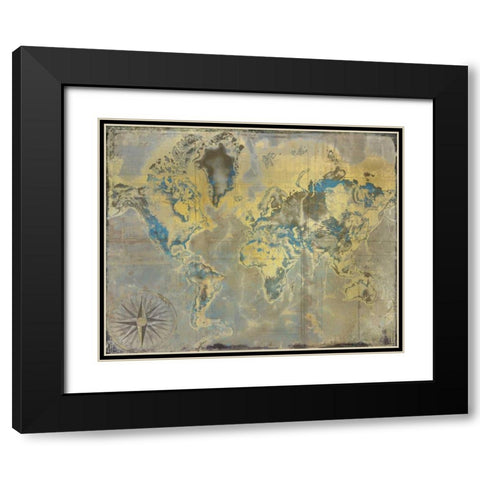 Golden Teal World Map Black Modern Wood Framed Art Print with Double Matting by Allen, Kimberly