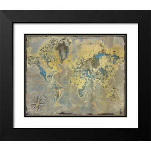 Golden Teal World Map Black Modern Wood Framed Art Print with Double Matting by Allen, Kimberly