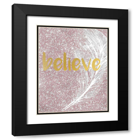 Pink Glitter Feather 1 Black Modern Wood Framed Art Print with Double Matting by Kimberly, Allen