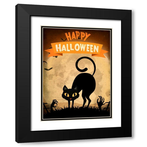 Happy Halloween Black Cat Black Modern Wood Framed Art Print with Double Matting by Allen, Kimberly