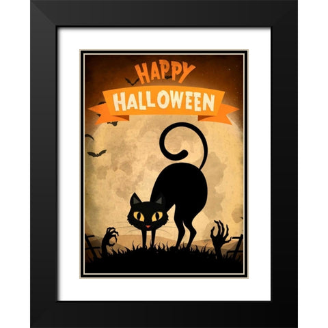 Happy Halloween Black Cat Black Modern Wood Framed Art Print with Double Matting by Allen, Kimberly