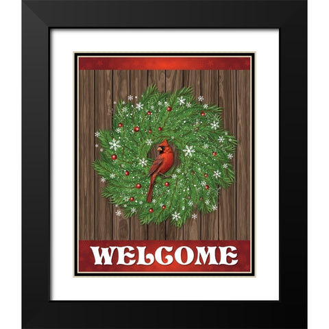 Cardinal Wreath Welcome 1 Black Modern Wood Framed Art Print with Double Matting by Hogan, Melody
