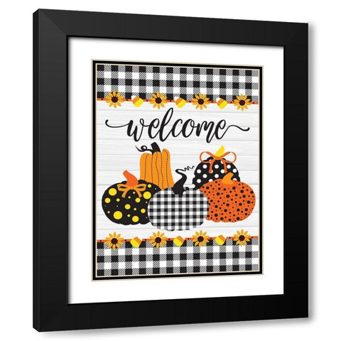 Welcome Pumpkins Buffalo Plaid 3 Black Modern Wood Framed Art Print with Double Matting by Hogan, Melody