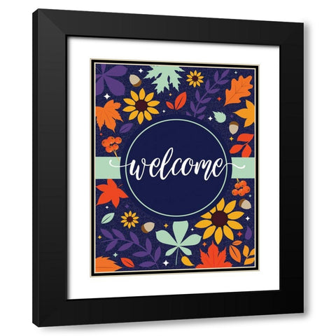 Navy Welcome Fall Floral Black Modern Wood Framed Art Print with Double Matting by Hogan, Melody