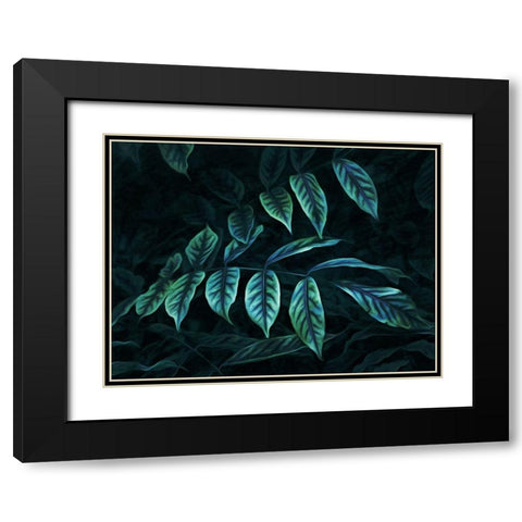 Teal Blue Leaves Black Modern Wood Framed Art Print with Double Matting by Villa, Milli