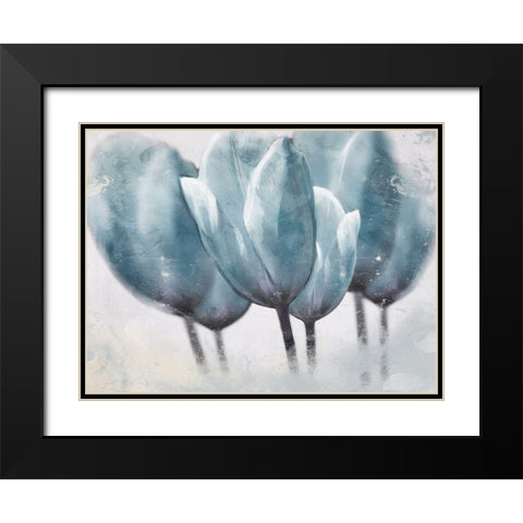 Three Tulip Blue Black Modern Wood Framed Art Print with Double Matting by Villa, Milli