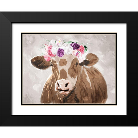 Cow Flowers Black Modern Wood Framed Art Print with Double Matting by Villa, Mlli