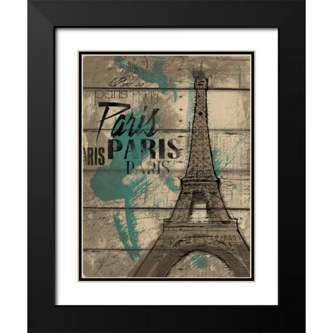 Natural Paris Teal Black Modern Wood Framed Art Print with Double Matting by OnRei