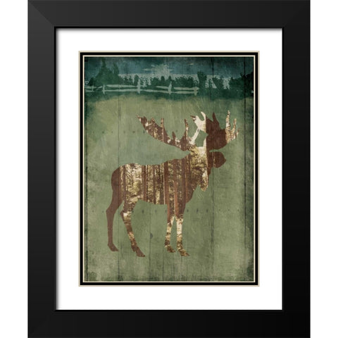 Moose In The Field Black Modern Wood Framed Art Print with Double Matting by OnRei