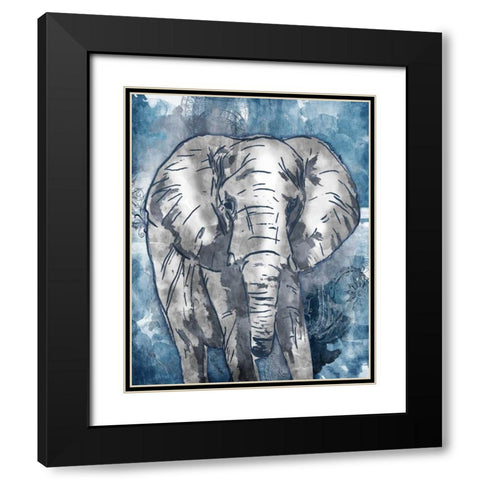 Grey Blue Elephant Black Modern Wood Framed Art Print with Double Matting by OnRei