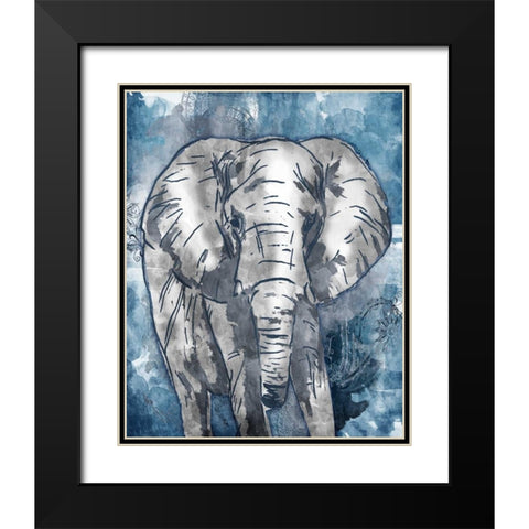 Grey Blue Elephant Black Modern Wood Framed Art Print with Double Matting by OnRei