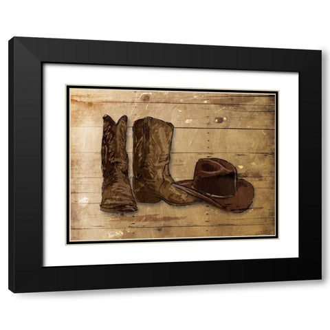 Sketched Hat And Boots Black Modern Wood Framed Art Print with Double Matting by OnRei