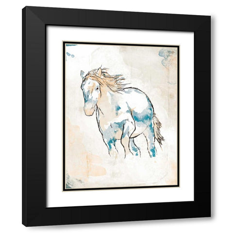 Running Horse Blue Black Modern Wood Framed Art Print with Double Matting by OnRei