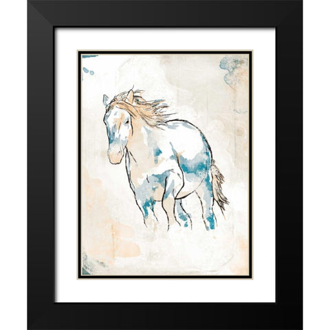 Running Horse Blue Black Modern Wood Framed Art Print with Double Matting by OnRei