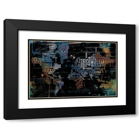 World Text Map Black Modern Wood Framed Art Print with Double Matting by OnRei