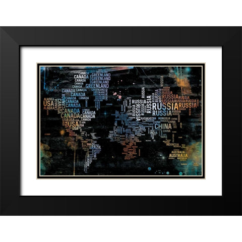 World Text Map Black Modern Wood Framed Art Print with Double Matting by OnRei