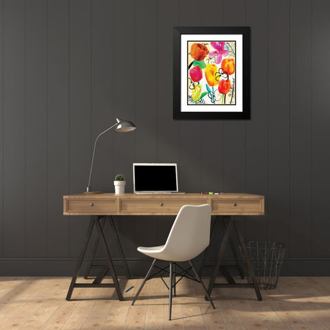 Floral Water Ink Black Modern Wood Framed Art Print with Double Matting by OnRei