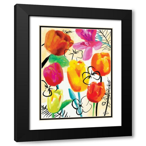 Floral Water Ink Black Modern Wood Framed Art Print with Double Matting by OnRei