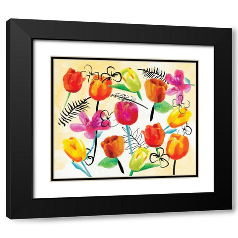 Full Floral Ink Black Modern Wood Framed Art Print with Double Matting by OnRei