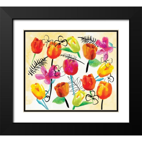 Full Floral Ink Black Modern Wood Framed Art Print with Double Matting by OnRei