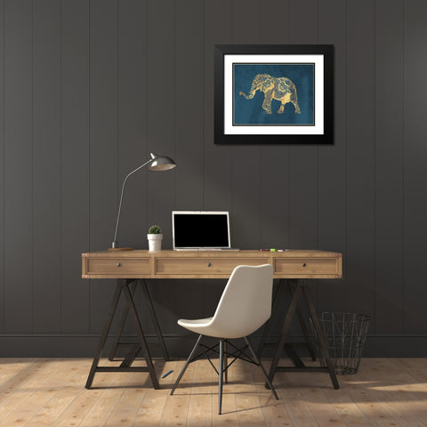 Navy Gold Elephant Black Modern Wood Framed Art Print with Double Matting by OnRei