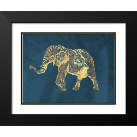 Navy Gold Elephant Black Modern Wood Framed Art Print with Double Matting by OnRei