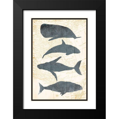 Whale Map Black Modern Wood Framed Art Print with Double Matting by OnRei