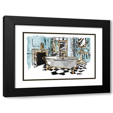 Blue Gold Sketch Bath Black Modern Wood Framed Art Print with Double Matting by OnRei