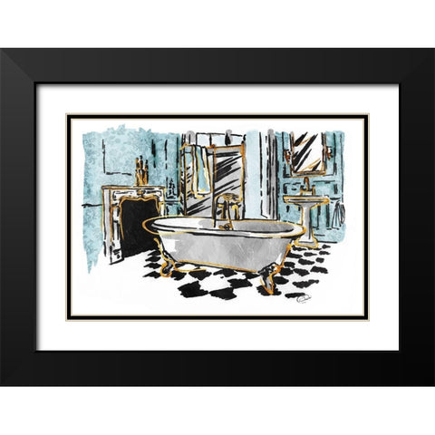 Blue Gold Sketch Bath Black Modern Wood Framed Art Print with Double Matting by OnRei