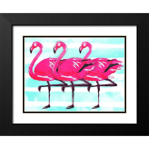 Three Flamingo Black Modern Wood Framed Art Print with Double Matting by OnRei