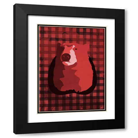 Bear Red Check Black Modern Wood Framed Art Print with Double Matting by OnRei