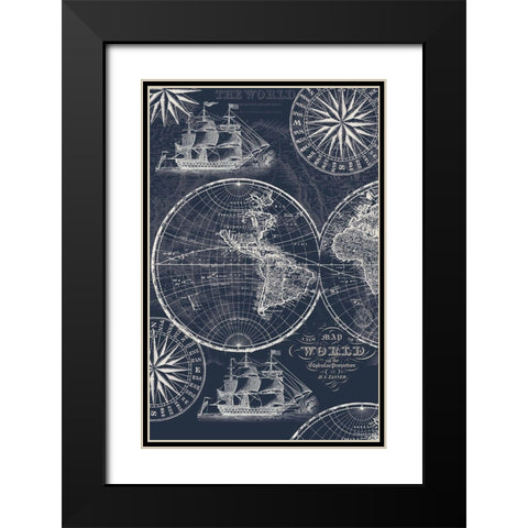 Nautical Ocean Maps Coordiate Blue Black Modern Wood Framed Art Print with Double Matting by Allen, Candace