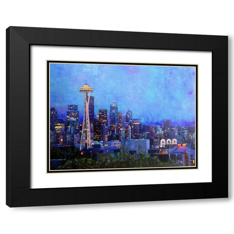 Seattle at Night Black Modern Wood Framed Art Print with Double Matting by Ghanooni, Sarah