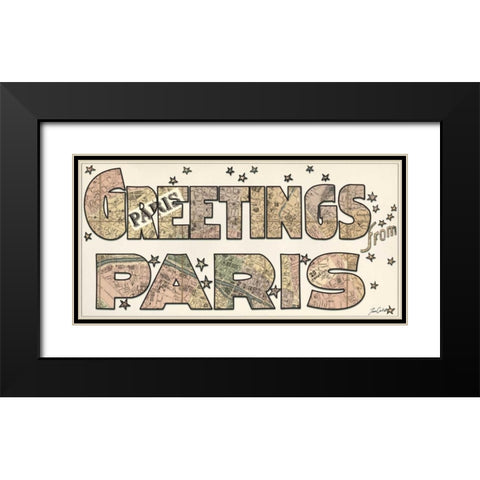 Greetings From Paris Black Modern Wood Framed Art Print with Double Matting by Carlson, Tina