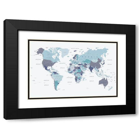 World Map Blue 1 Black Modern Wood Framed Art Print with Double Matting by Urban Epiphany