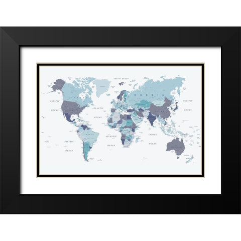 World Map Blue 1 Black Modern Wood Framed Art Print with Double Matting by Urban Epiphany