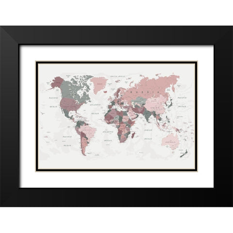 World Map Pink Green 2 Black Modern Wood Framed Art Print with Double Matting by Urban Epiphany