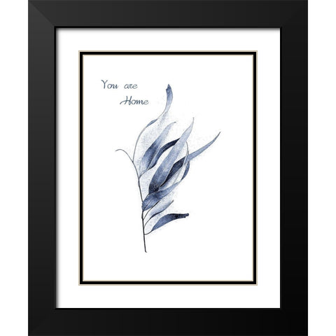 Gum Leaves Navy Black Modern Wood Framed Art Print with Double Matting by Urban Epiphany