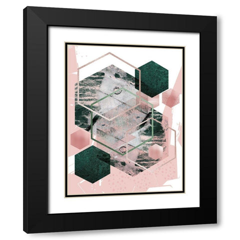 Pink Green Geo Hex Black Modern Wood Framed Art Print with Double Matting by Urban Epiphany