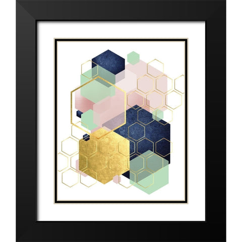 Gold Blush Navy Mint Hexagonal Black Modern Wood Framed Art Print with Double Matting by Urban Epiphany