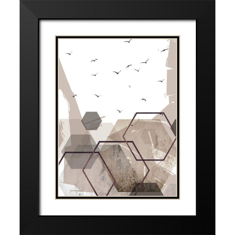 Abstract Hexagons Beige Black Modern Wood Framed Art Print with Double Matting by Urban Epiphany