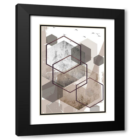 Abstract Hexagons Beige 1 Black Modern Wood Framed Art Print with Double Matting by Urban Epiphany