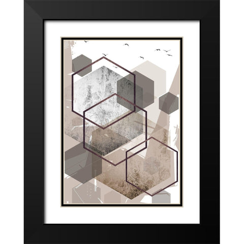 Abstract Hexagons Beige 1 Black Modern Wood Framed Art Print with Double Matting by Urban Epiphany